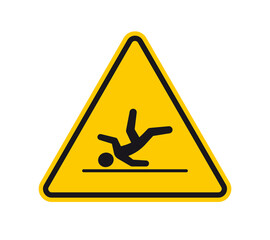 Vector yellow triangle sign - black silhouette falling figure. Danger of falling. Isolated on white background.