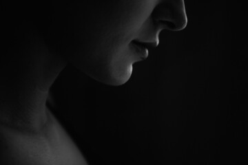silhouette of beautiful sensual girl, woman face profile on black isolated background, concept of...