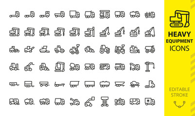 Heavy Machinery isolated icon set. Set of special equipment, crawler excavator, trucks, vehicles, trailers, road construction machines, municipal machinery, tower crane, boom lift  vector icons.