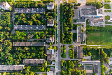 Urban building with roads and trees aerial view - obrazy, fototapety, plakaty