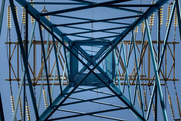 High voltage tower, electric pole bottom-up view photography.
