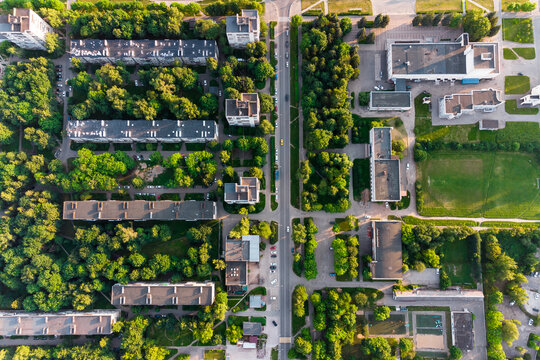 Urban building with roads and trees aerial view