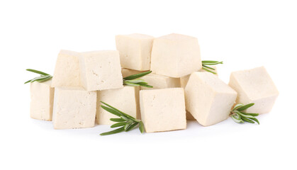 Delicious tofu and rosemary on white background