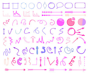 Hand drawn multicolored arrows. Infographic elements. Big set of colorful pointers on isolation background. Line art