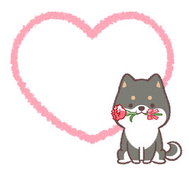 黒柴犬と線画ハートフレーム