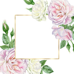 Watercolor floral frame composition with roses.