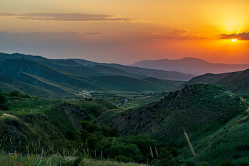 Beautiful sunset landscape in summer in Lusashokh village, Armenia.