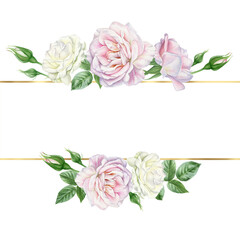 Watercolor floral frame composition with roses.