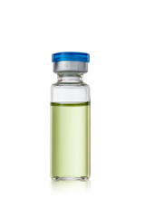 medical bottle with green liquid isolated on white background.