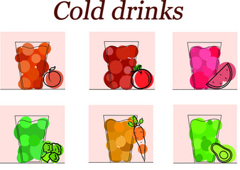 Original illustration of cold drinks, juice, smoothies for menus, cafes, restaurants. Vector hand drawn cold drinks with watermelon, tomato, peach, avocado, carrot, broccoli.