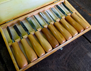 Chisel kit (set). Tools for woodworking. Kit for the wood carving 