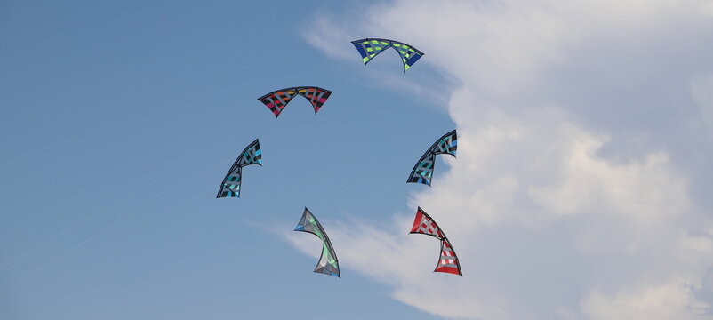 six kites fly on a blue sky 
