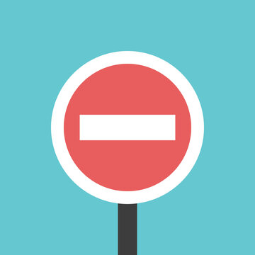 No-entry traffic sign, white brick in red circle. Do not enter, restriction, transportation, prohibition and prevention concept. Flat design. EPS 8 vector illustration, no transparency, no gradients