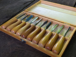 Chesels. Row of chisel in toolcase 