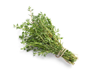Bunch of aromatic thyme on white background, top view. Fresh herb