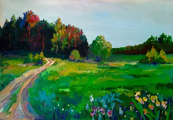 Foto auf Acrylglas Grün Sommerlandschaft ein Weg zum Wald  © Daria