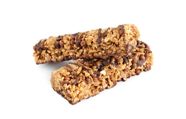 Granola bars with chocolate on white background. High protein snack