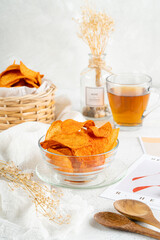 Potato chips are thin strips of potato that are deep fried or baked until crisp. Potato chips are generally served as an appetizer or snack.