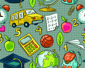 Trendy vector seamless print with school icons. Stationery, globe, bus, microscope, book, notepads. Illustration about education and science for children. Background for printing on fabrics and paper