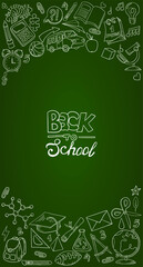 Vector frame with doodle drawings about school and education. Banner with the words "Back to School". Preparation for the teacher's day, September 1, the day of knowledge. Hand drawn stationery