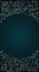 Vector frame with doodle drawings about school and education. Banner for students. Preparation for the teacher's day, September 1, the day of knowledge. Hand and line drawn stationery, school supplies