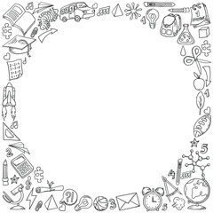 Vector frame with doodle drawings about school and education. Banner for students. Preparation for the teacher's day, September 1, the day of knowledge. Hand and line drawn stationery, school supplies