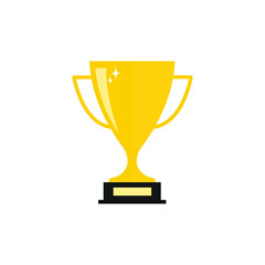 Gold prize cup on a stand with a tag. Vector illustration, flat cartoon color minimal design, isolated on white background, eps 10. Concept: reward for victory, sport, competition.