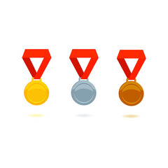 Prize medals, gold, silver, bronze, on a red ribbon. Achievement award, first place, second place, third place. Concept: victory in the competition, rewarding leaders, athletes.