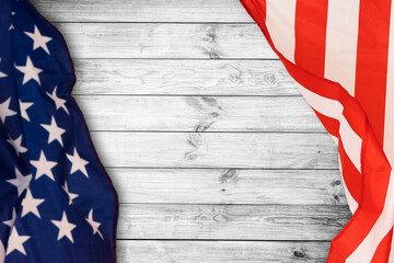 Happy memorial day concept made from vintage american flag on white wooden background