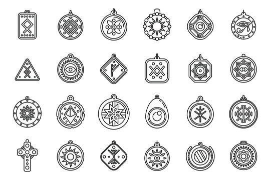 Amulet icons set outline vector. China coin