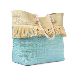Stylish beach bag isolated on white. Summer accessory
