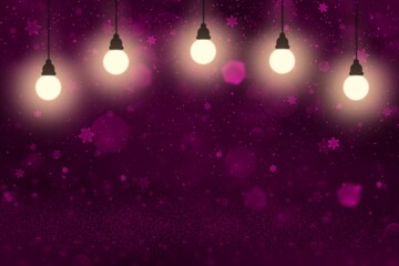 Fototapeta na wymiar pink cute glossy glitter lights defocused bokeh abstract background with light bulbs and falling snow flakes fly, celebratory mockup texture with blank space for your content