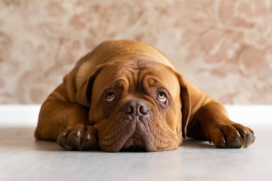 Portrait of an adult Dogue de Bordeaux dog lying on the floor looking up bored