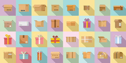 Box icons set flat vector. Gift present