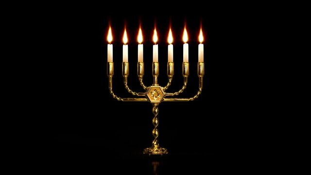 gold menorah lamp with glowing candles, fictive isolated