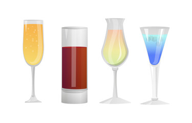 Alcoholic cocktails concept. Glasses with various drinks. Design elements for websites and printing in menu. Bars and restaurants. Realistic modern vector collection isolated on white background