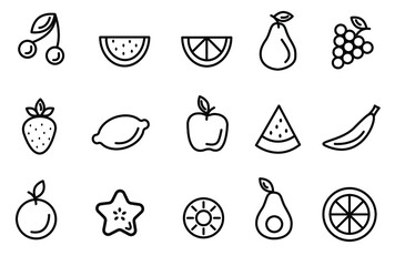 a set of black and white icons on the theme of fruits. healthy food. ordinary fruits and tropical icons are suitable for the design of websites, presentations and stories