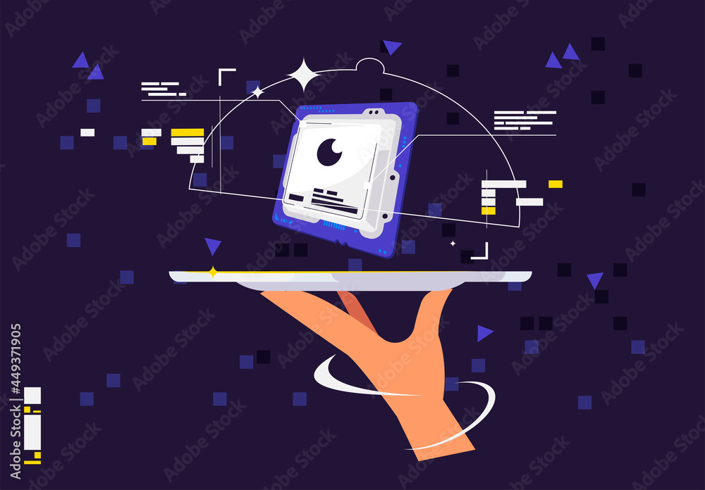 Fototapete vector illustration of a hand holding a tray with a computer processor, futuristic design of graphic elements around