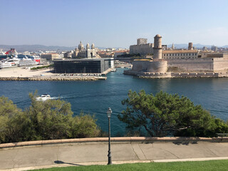 Panoramic view of Fort Saint-Jean on the right and Marseille Cathedral and Mucem museum on the...