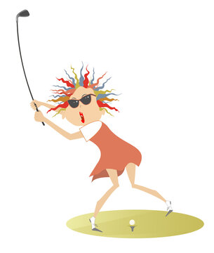 Young golfer woman on the golf course illustration.
Pretty golfer woman in sunglasses with a golf club tries to do a good kick isolated on white
