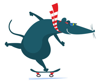 Cartoon rat or mouse a skateboarder isolated illustration. 
Funny rat or mouse skatting. Active life style idea
