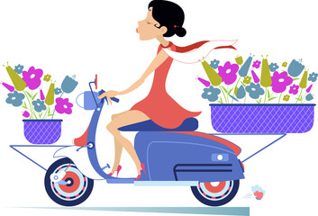 Pretty young woman, a scooter and bouquets of flowers illustration.
Smiling young woman rides a scooter and carries a bouquets of flowers in the baskets isolated on white

