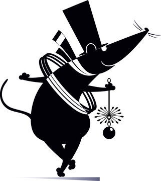 Cartoon rat or mouse a chimney sweeper illustration. Funny rat or mouse a chimney sweeper in the top hat with the rope and chimney brush black on white