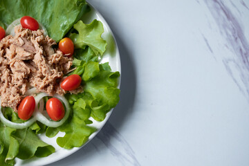 Tuna salad with fresh oak greens and tomatoes