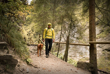 Obraz premium Traveler Man trekker with him dog walk around mountains in sunny day. Backpacker walking in Outdoors. Health care, authenticity, sense of balance and calmness.