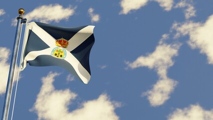 Naklejka na ściany i meble Teneriffa 3D rendered realistic waving flag illustration on Flagpole. Isolated on sky background with space on the right side.