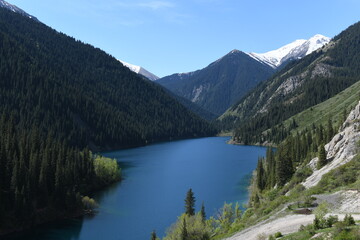 Fototapeta na wymiar Panorama of the mountain lake, Kolsay Lakes National Park, Kazakhstan