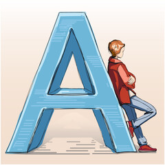 A teenager leans on the letter A. Vector illustration of a sketch with a standing student.