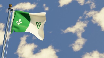 Franco-Ontarian 3D rendered realistic waving flag illustration on Flagpole. Isolated on sky background with space on the right side.