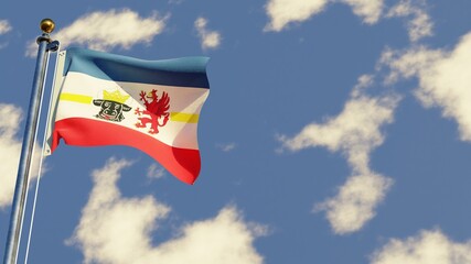 Mecklenburg-Western Pomerania 3D rendered realistic waving flag illustration on Flagpole. Isolated on sky background with space on the right side.